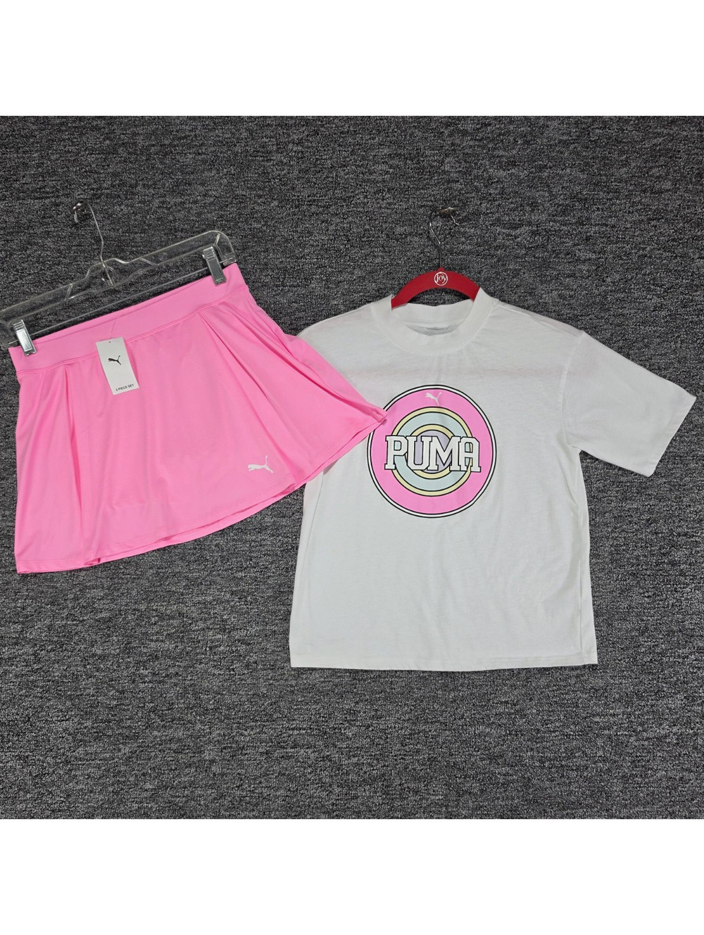 PUMA Girls 2pc Outfit Set Logo Tee & Skort Pink/White L Tennis PSP25V82